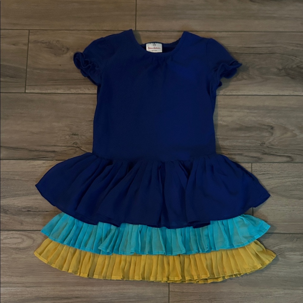 Hanna Andersson Blue Dress with Yellow and Aqua Layers